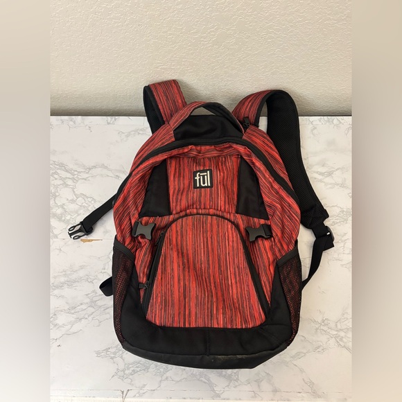 Ful Other - Tennman 17" Laptop Backpack Red Black Nylon Travel Padded Striped Daypack